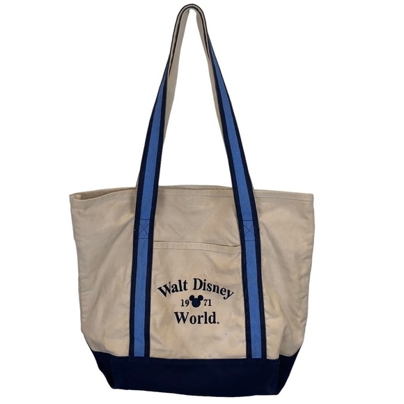 Walt Disney World Canvas Tote Shoulder Beach Bag Blue Beige Mickey 1971 Retro - Picture 1 of 11